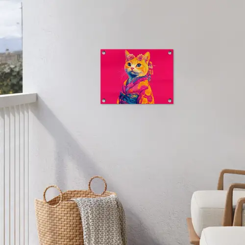 Kat - Kimono - Bloemen - Roze tuinposter los doek klein -sfeer8