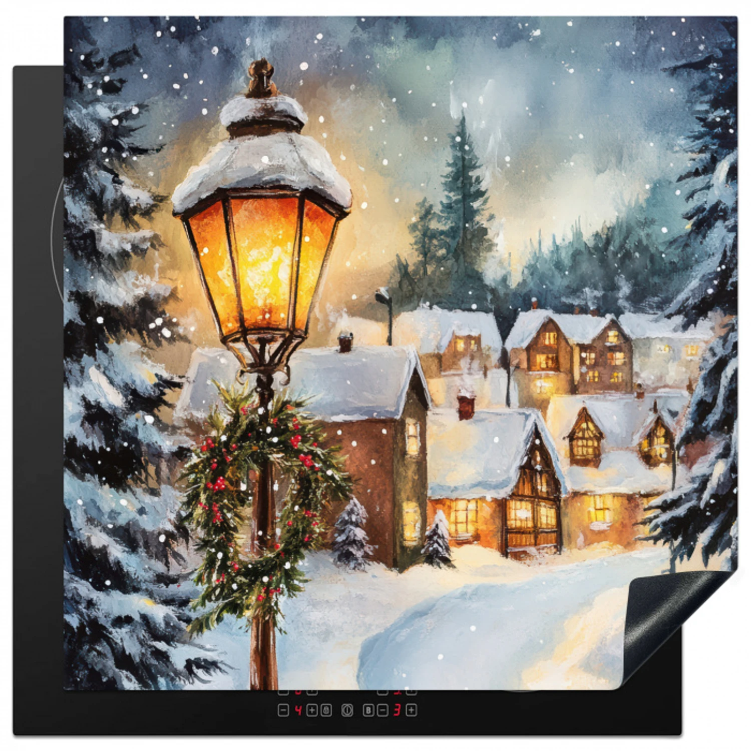 Kerstdorp - Huizen - Sneeuw - Kerst Inductie beschermer vinyl 3mm middel -3d