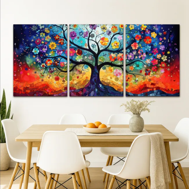 Meerluik schilderij - 3 luiken - Kleurrijk - Levensboom - Bloemen - Abstract