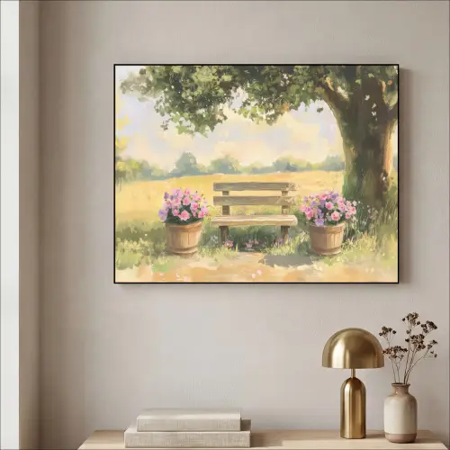 Houten bankje - Bloempotten - Landschap Textielframe zwart klein -sfeer2
