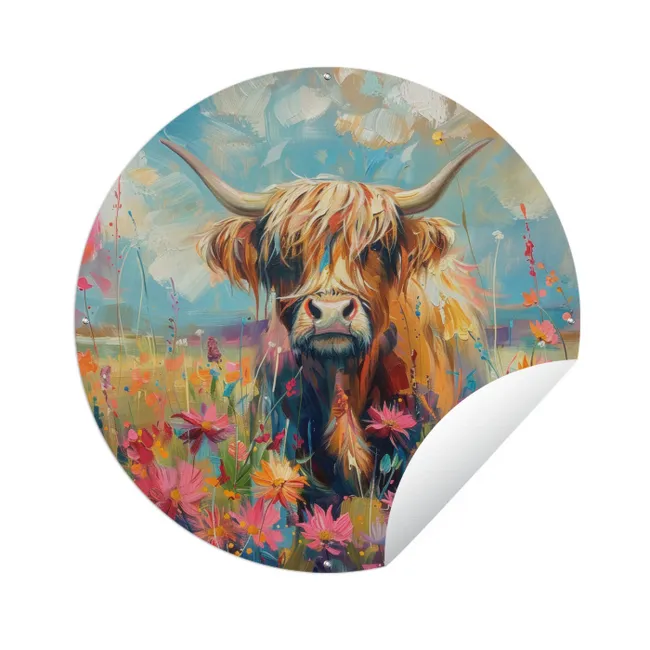 Schotse hooglander - Natuur - Kleurrijk - Bloemen Wandcirkel tuinposter met ringen klein -3d
