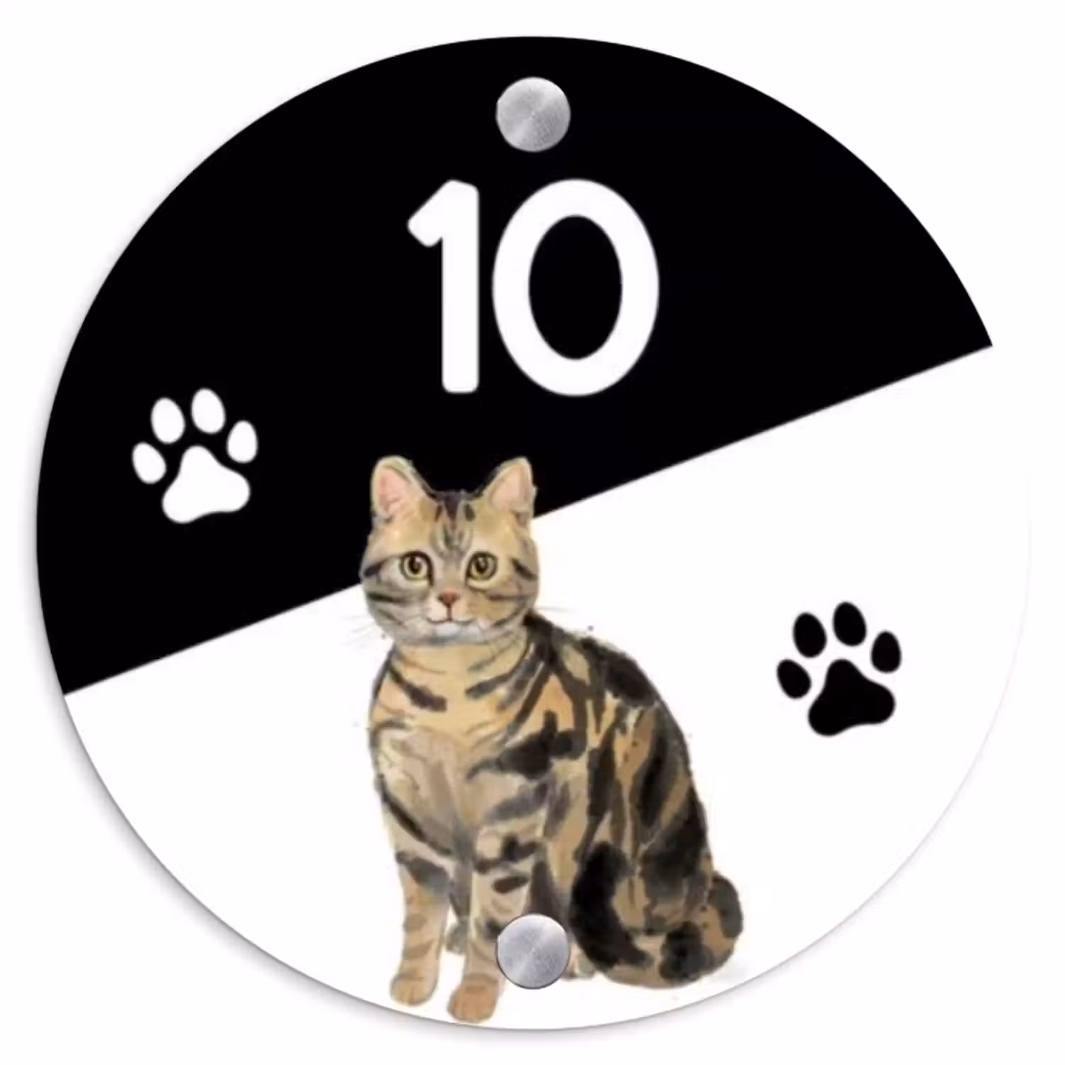 Naambordje voordeur - Rond - Zwart wit - Huisdier - Bruingestreepte kat