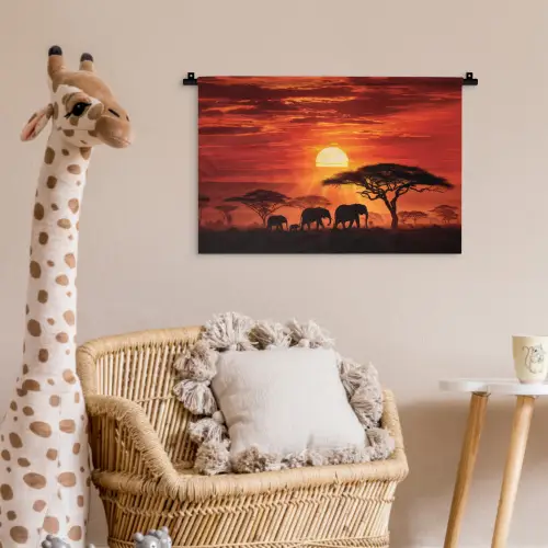 Savanne - Olifanten - Zonsondergang Wandkleed katoen klein -wsfeer5_kind