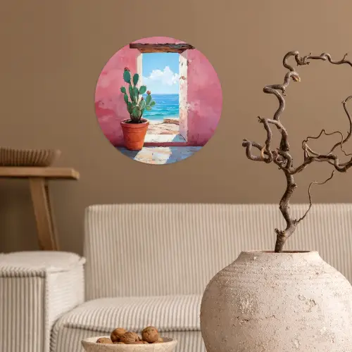 Zee - Roze - Cactus Wandcirkel behangsticker klein -sfeer1