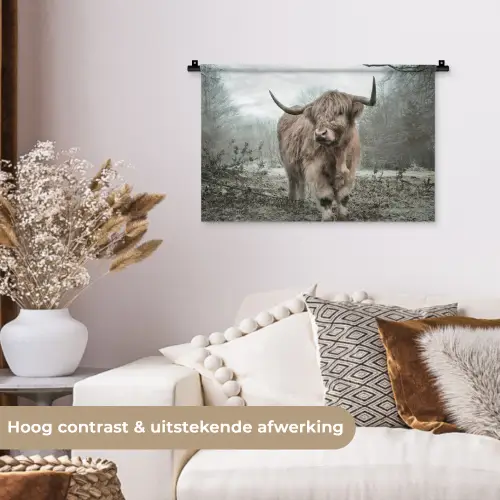 Schotse hooglander - Natuur - Herfst - Dieren - Wild - Bos Wandkleed katoen klein -sfeer1