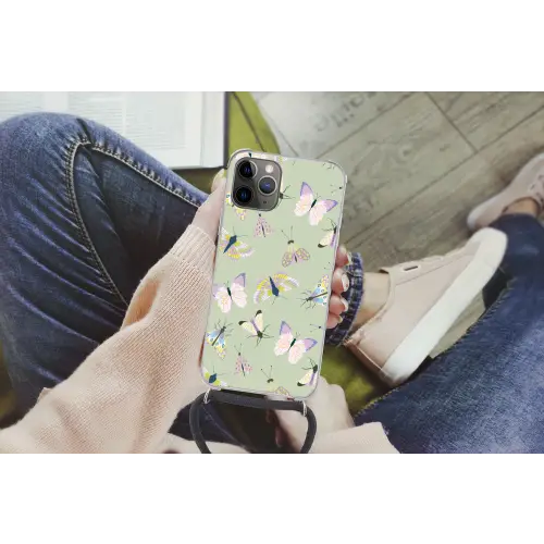 Vlinders - Insecten - Groen - Kleurrijk Hoesje iPhone 12 Pro met koord klein -hand