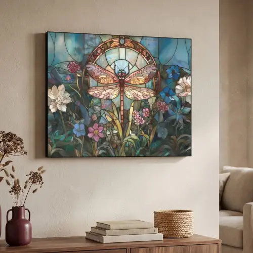 Libelle - Mozaïek - Bloemen - Kleurrijk Textielframe - compleet frame klein -sfeer3
