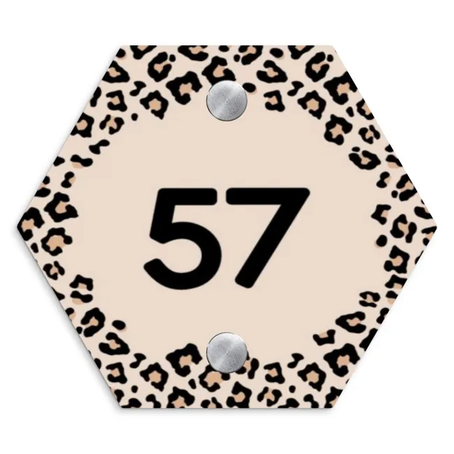 Beige luipaardprint - Traditioneel Naambord Hexagon klein -3d