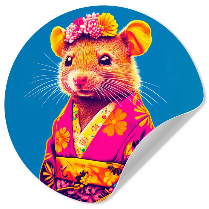 Muis - Kimono - Bloemen - Blauw Wandcirkel behangsticker klein -3d