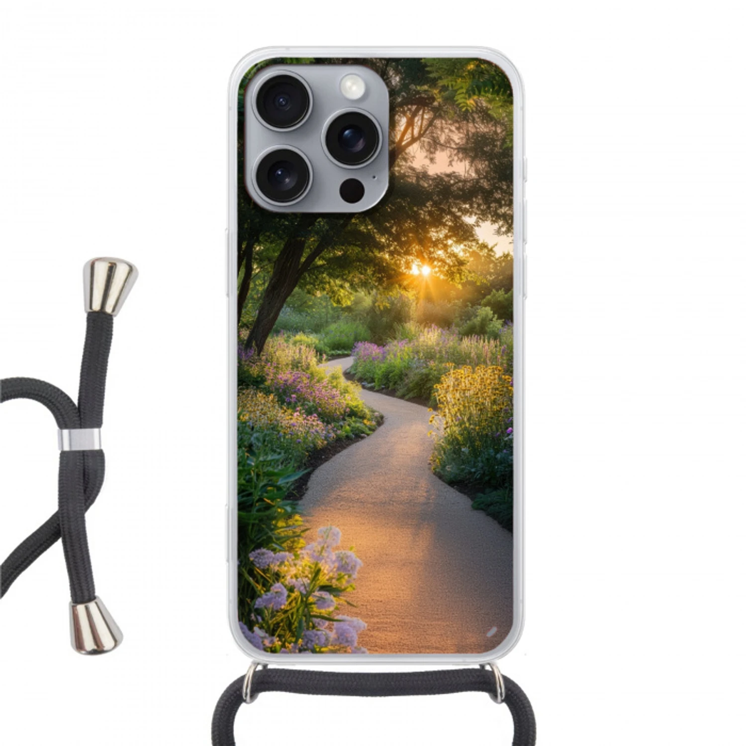 Pad - Bloemen - Park Hoesje iPhone 16 Pro Max met koord klein -3d