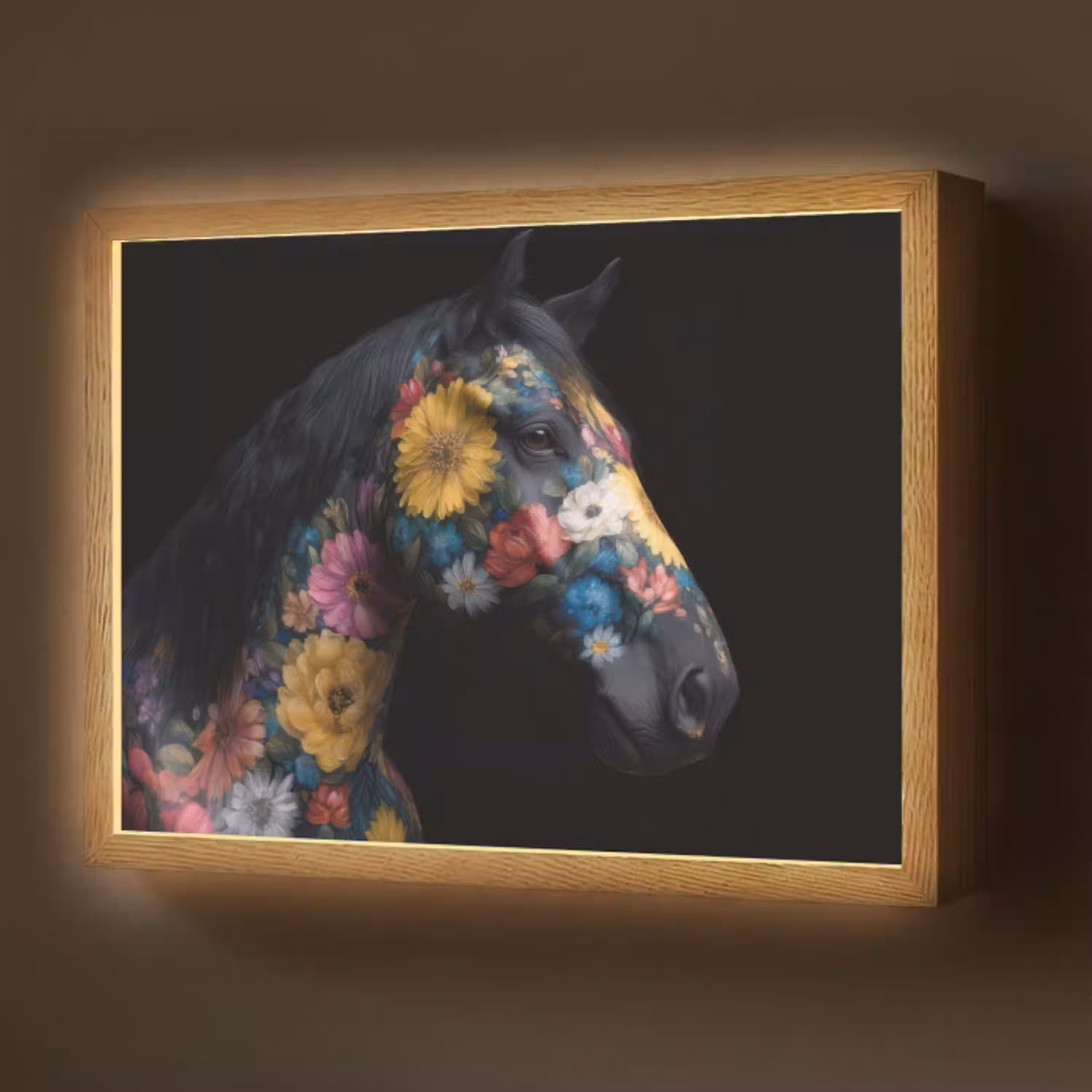 Paard - Bloemen - Zwart Light Box met batterij (Wandlamp) middel -z3d_website