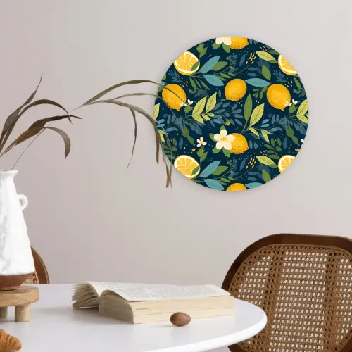 Bloemen - Bladeren - Citroenen - Blauw Wandcirkel plexiglas klein 852 -sfeer4