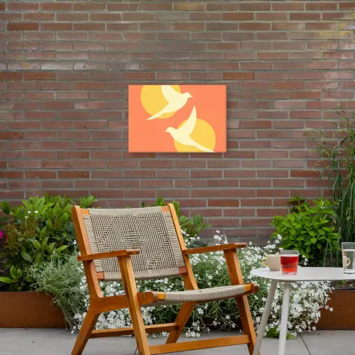 Vogels - Cirkels - Geel Tuinposter op houten frame 2 cm dik klein -sfeer3