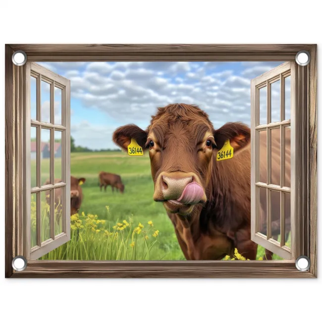 Doorkijk - Koe - Weiland - Landschap - Dieren tuinposter los doek klein -3d