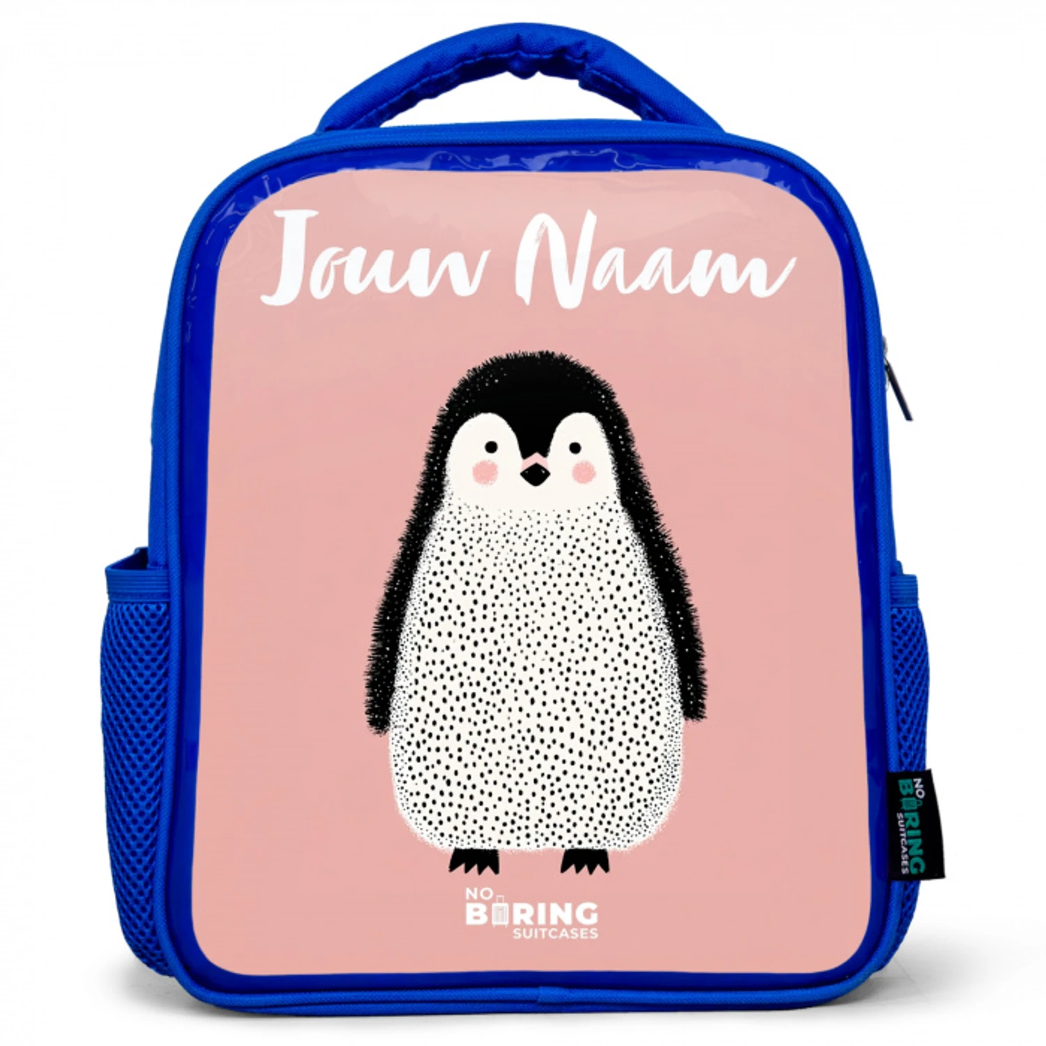 Pinguïn - Stippen - Roze - Minimalistisch Kinderrugzak - Blauw middel -3d