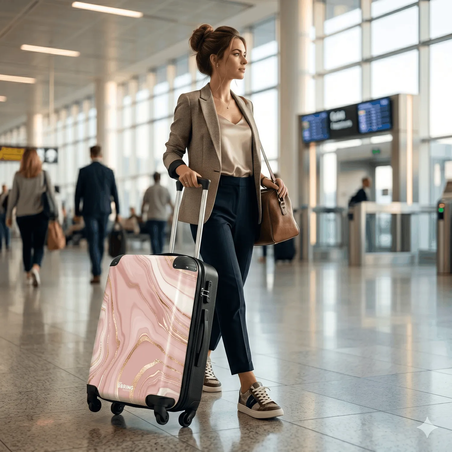 woman with pink suitcase