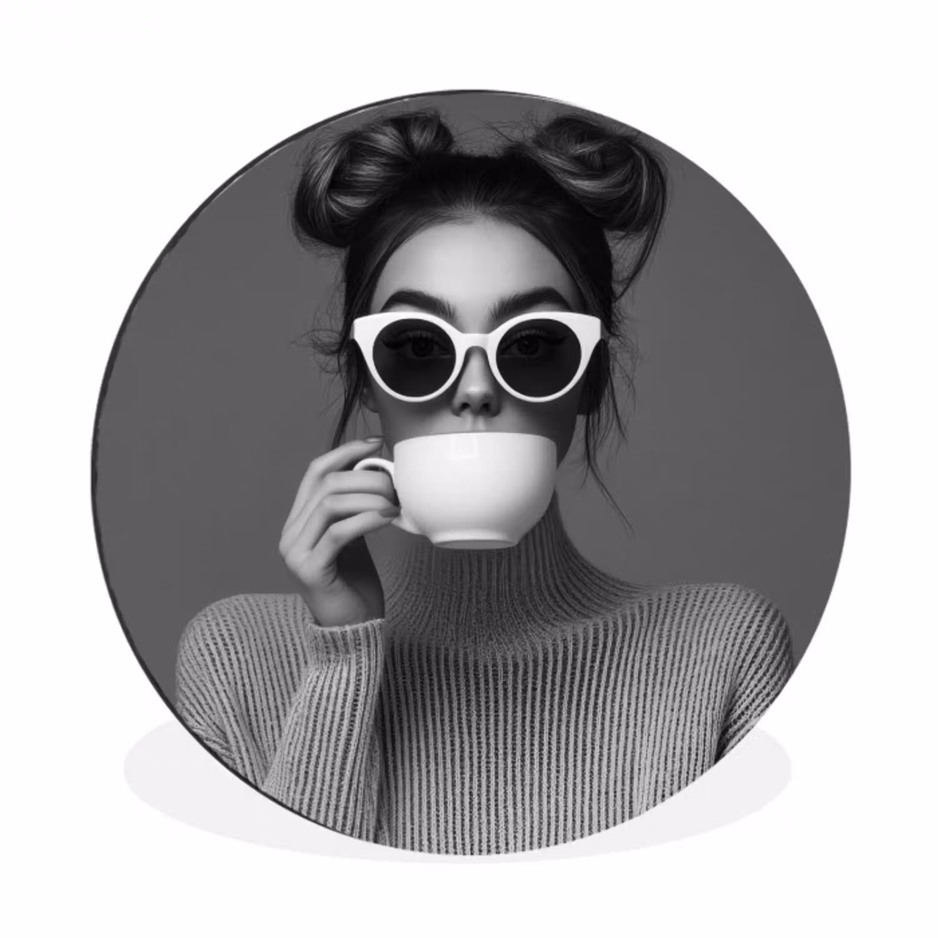 Vrouw - Koffie - Zwart - Wit Wandcirkel aluminium klein -3d