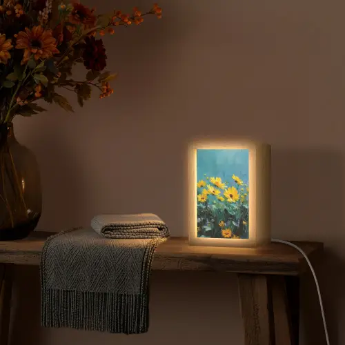 Penseelstreken - Bloemen - Felgeel - Abstract Light Box met kabel (Tafellamp) klein -sfeer4