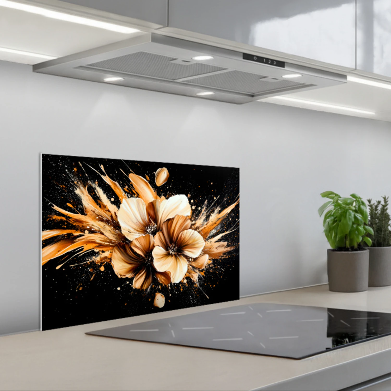 Bloemen - Goud - Graffiti - Zwart - Abstract keuken achterwand spatscherm klein -3d_schuin