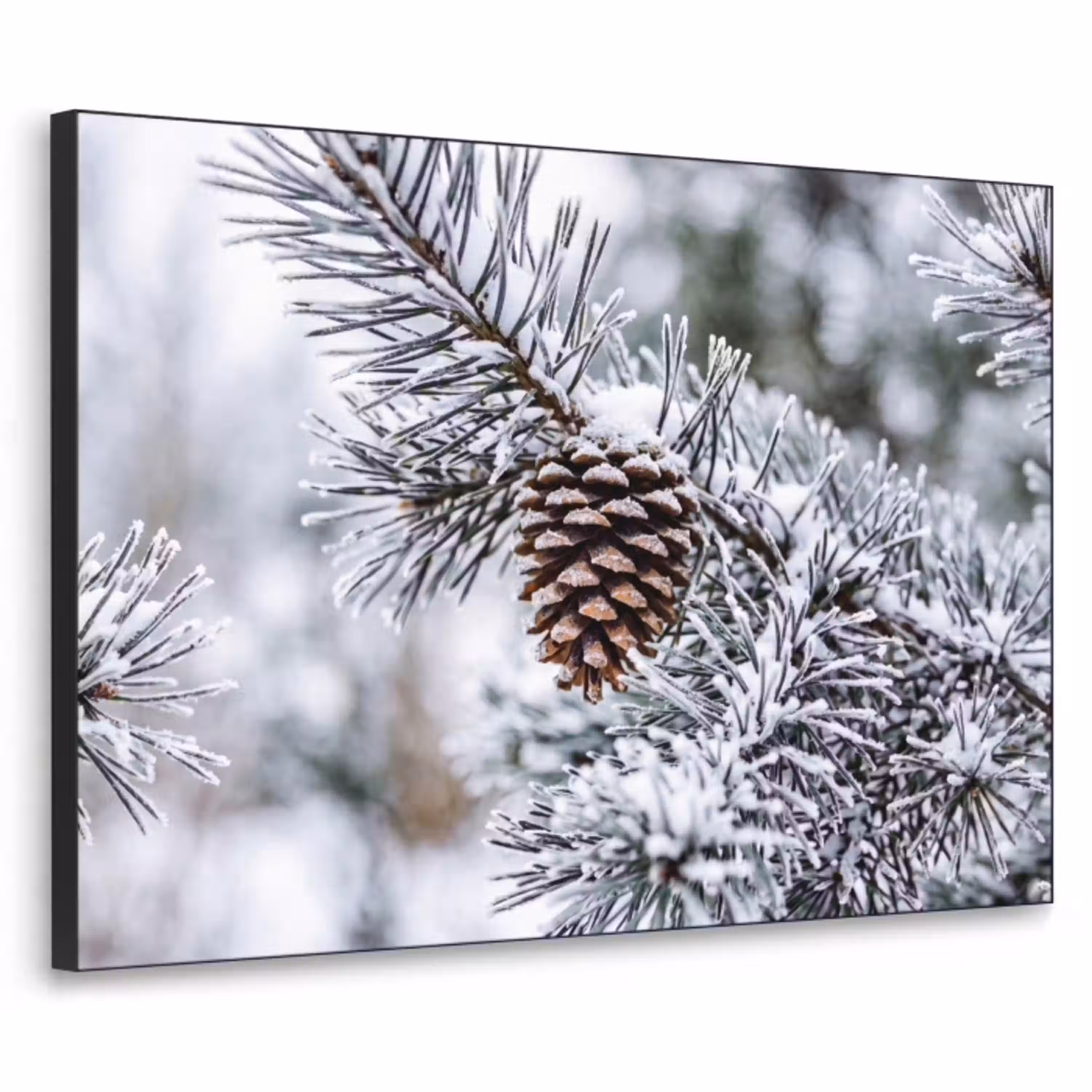 Dennenappel - Tak - Sneeuw - Winter - Sfeervol Textielframe zwart klein -3d