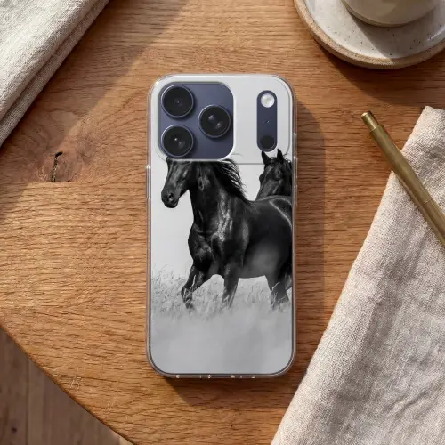 Paarden - Gras - Zwart - Wit Telefoonhoesje iPhone 17 Pro klein -sfeer1