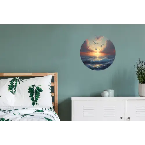 Meeuwen - Zonsondergang - Zee - Wolken Wandcirkel aluminium klein -slaapkamer