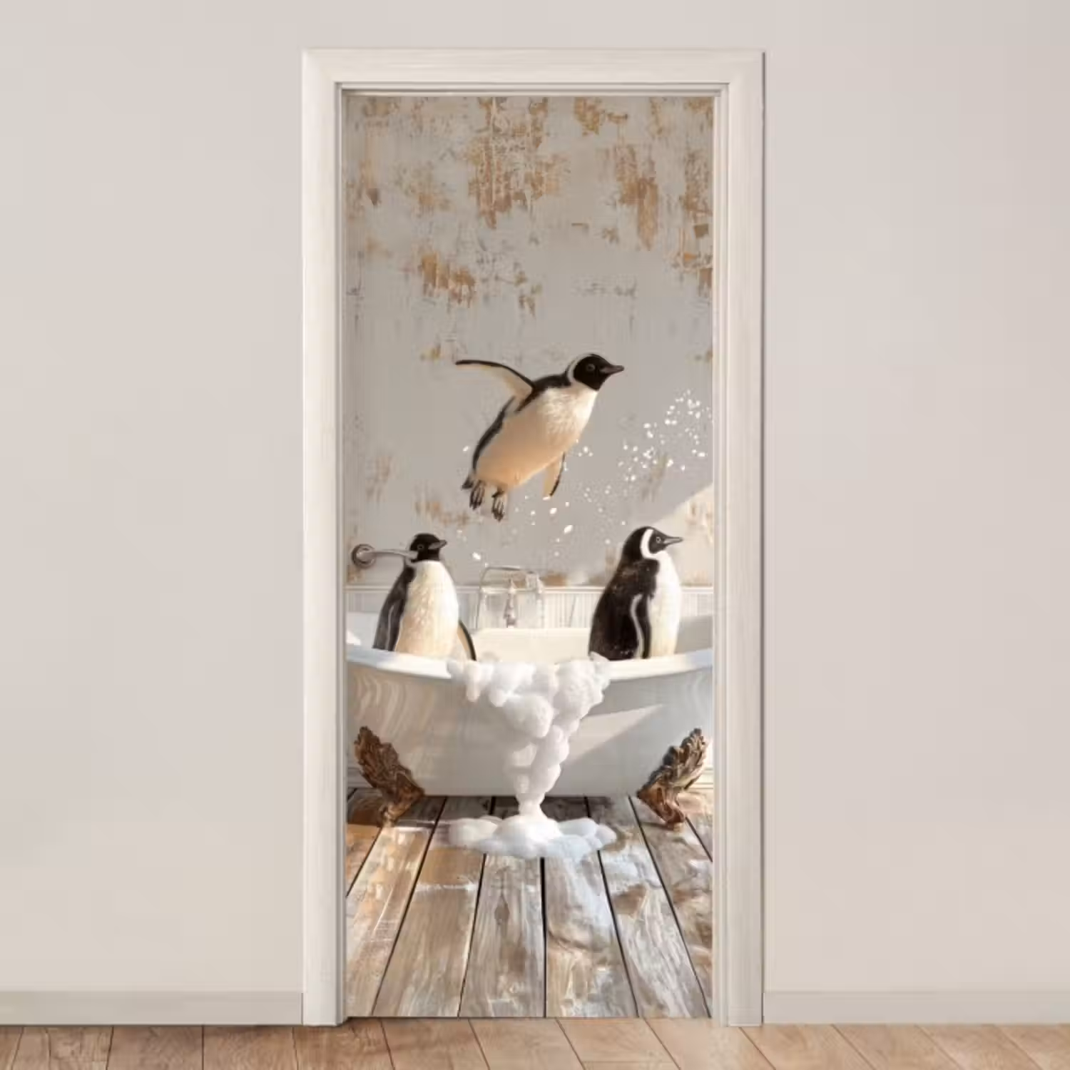 Türtapete - Vintage - Pinguin - Badewanne - Schaumstoff