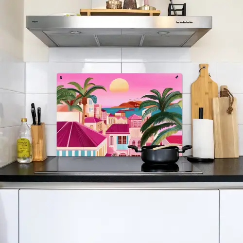Stad - Roze - Palmbomen Inductie beschemer met haakjes klein -sfeer2