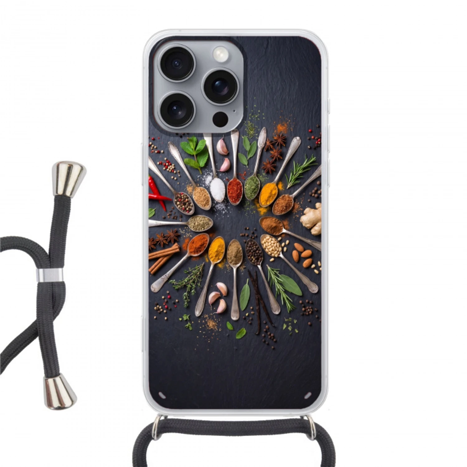 Kruiden - Lepels - Culinair - Kleurrijk - Sfeervol Hoesje iPhone 16 Pro Max met koord klein -3d