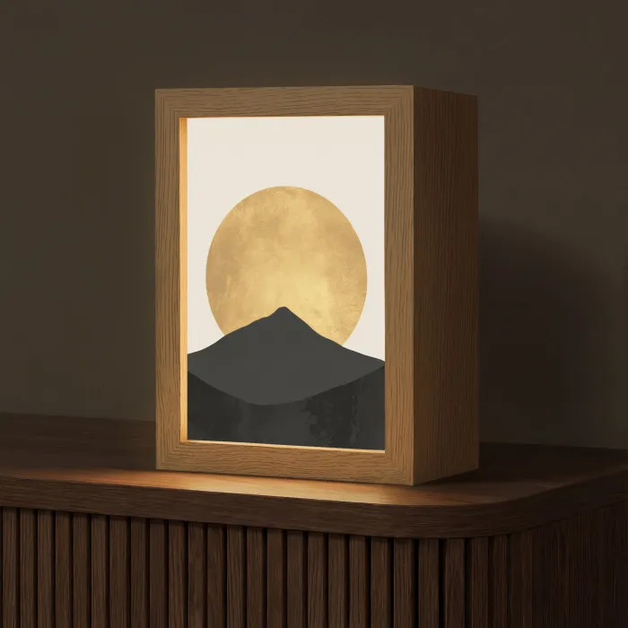 Bergsilhouetten - Gouden cirkel - Beige Light Box met kabel (Tafellamp) klein -z3d_website