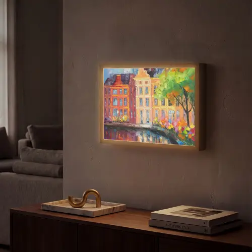 Olieverf - Amsterdam - Kunst - Kleurrijk Light Box met batterij (Wandlamp) middel -sfeer1