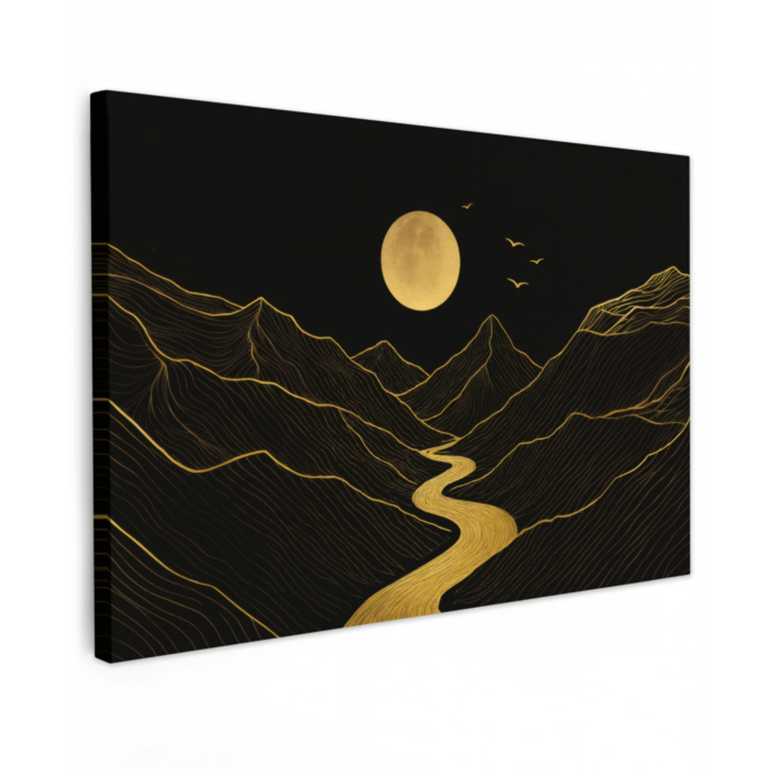 Rivier - Goud - Maan - Vogels Tuinposter op houten frame 2 cm dik klein -3d