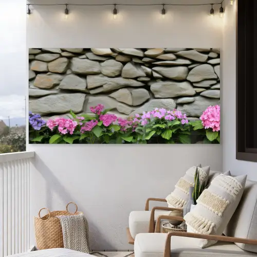 Hortensia’s - Stenen - Muur - Bloemen Tuinposter op houten frame 2 cm dik xxl -sfeer1