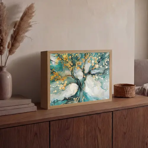 Boom - Modern - Verflook - Turquoise - Goud Light Box met batterij (Wandlamp) middel -sfeer2
