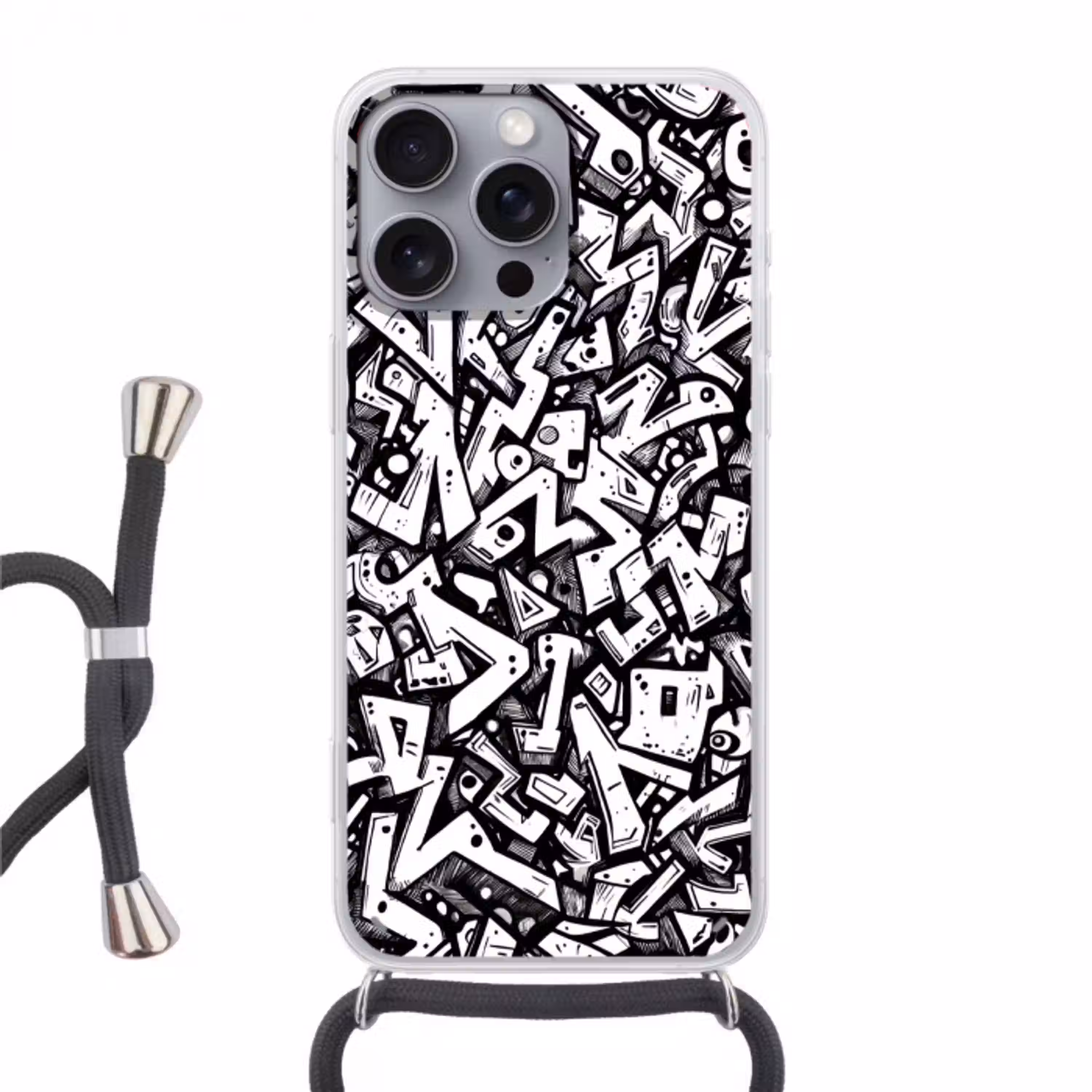 Vormen - Letters - Graffiti - Zwart Hoesje iPhone 16 Pro Max met koord klein -3d