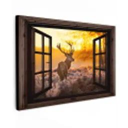 Hert - Herfst - Dieren - Natuur - Bos - Doorkijk Tuinposter op houten frame 2 cm dik klein -3d