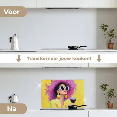 Vrouw - Hoed - Paars - Wijn keuken achterwand spatscherm klein -voor_na_NL
