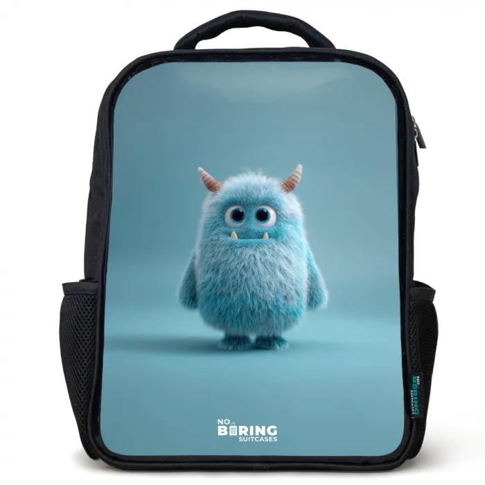Blauw pluizig monster met hoorns Rugzak - Zwart middel -3d