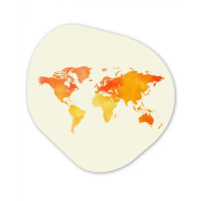 Wereldkaart - Oranje - Kleurrijk Wandcirkel Organisch Forex 3mm klein -3d