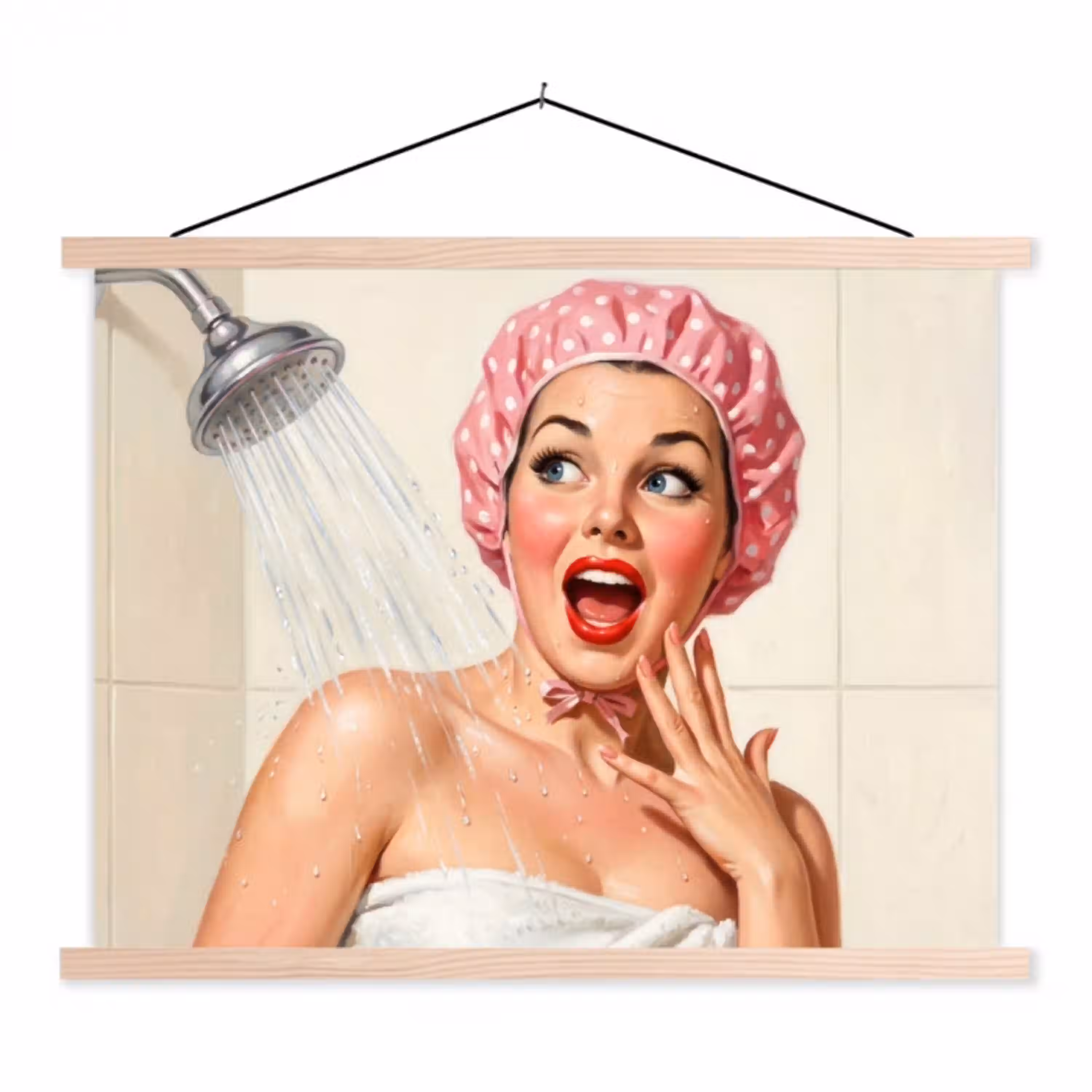 Vrouw - Douche - Roze textielposter latten blank klein -3d