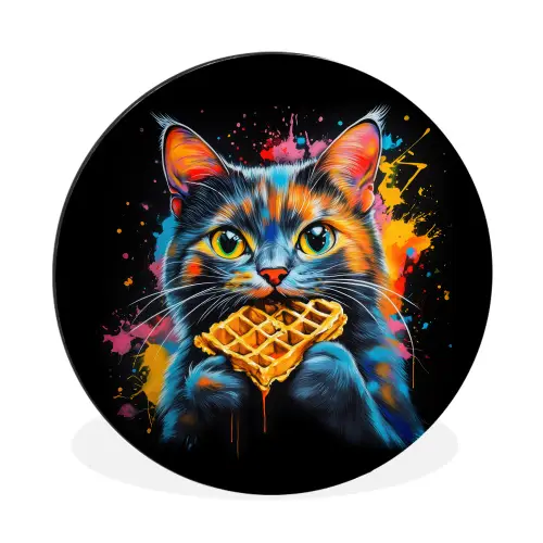Kat - Graffiti - Kleurrijk - Wafel - Eten Wandcirkel aluminium klein -3d