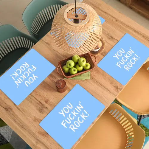 Blauw - Wit - You fuckin rock Placemat vinyl groot -zzsfeer5_Kitchenyeah-website