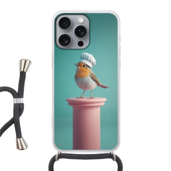 Roodborstje - Vogel - Koksmuts - Sokkel Hoesje iPhone 16 Pro Max met koord klein -3d