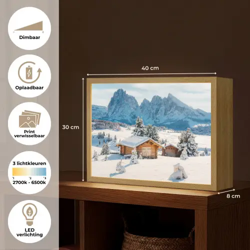 Winter - Huisje - Bergen - Uitzicht - Sneeuw Light Box met batterij (Wandlamp) middel -USP_websiteoverzichtNL