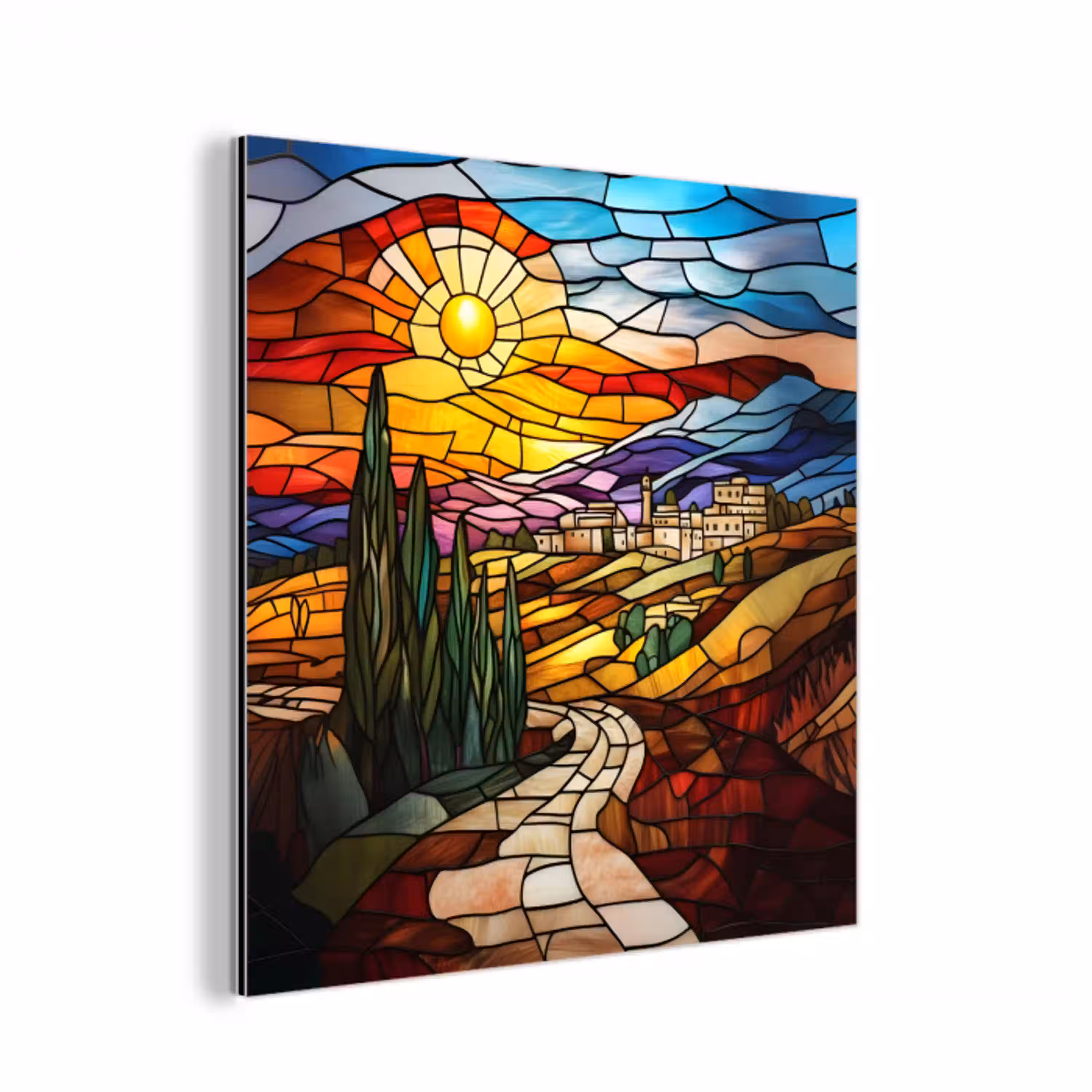 Mozaïek - Zon - Landschap - Dorp aluminium wit klein -3d