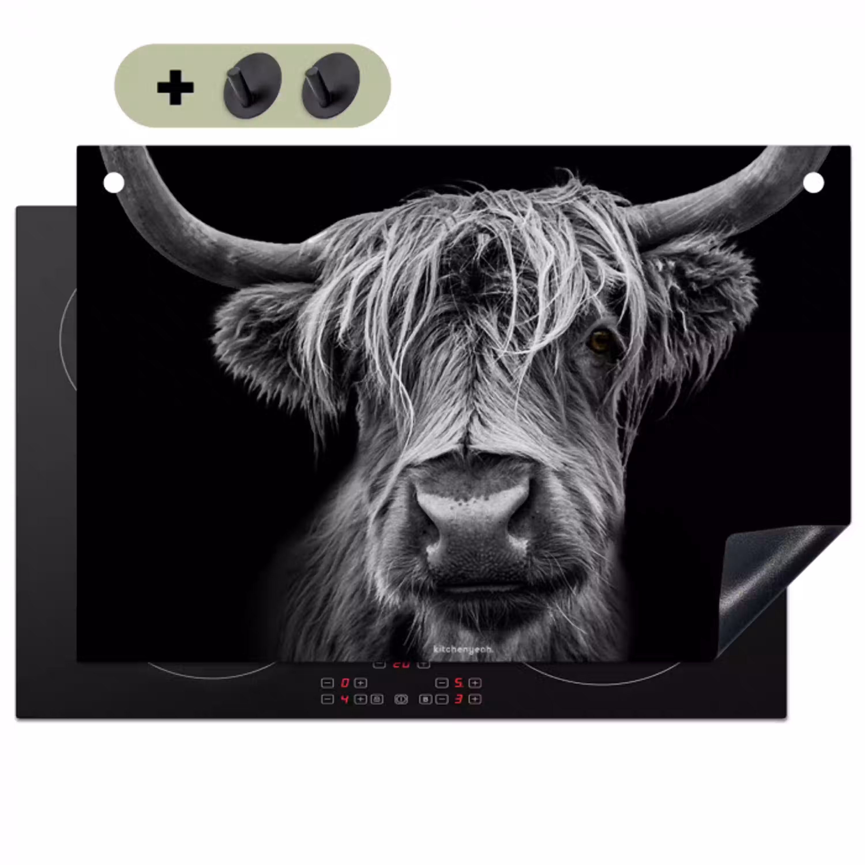 Schotse hooglander - Zwart - Wit Inductie beschemer met haakjes klein -3d