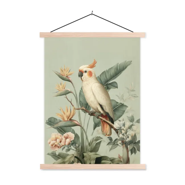 Schoolplaat - Gele kuifkaketoe - paradijsvogelbloemen - Groen