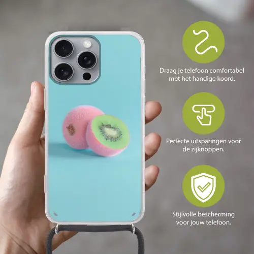 Kiwi - Blauw - Surrealistisch Hoesje iPhone 16 Pro Max met koord klein -sfeer2_NL