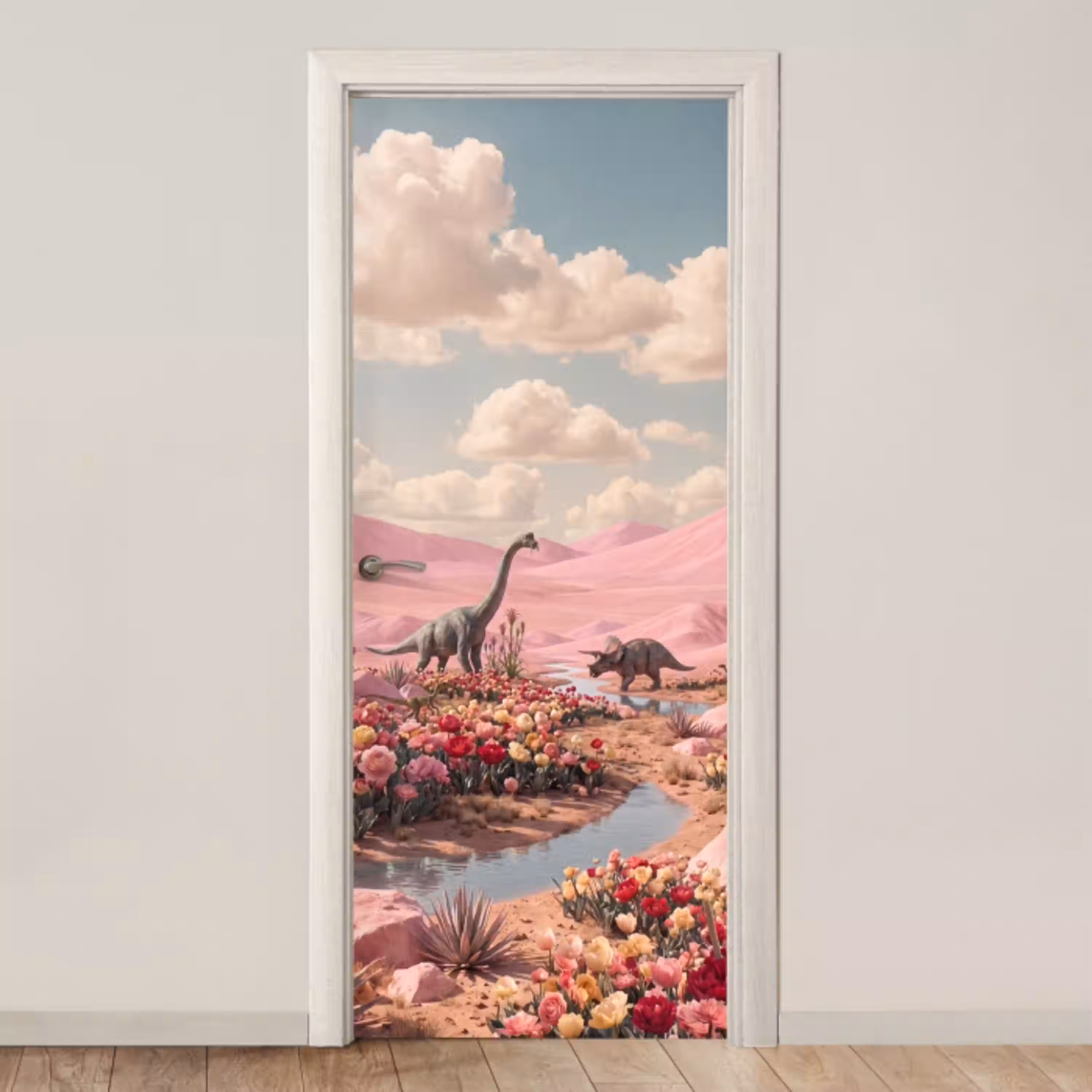 Dinosaurus - Roze - Landschap deurposter klein -3d_beige