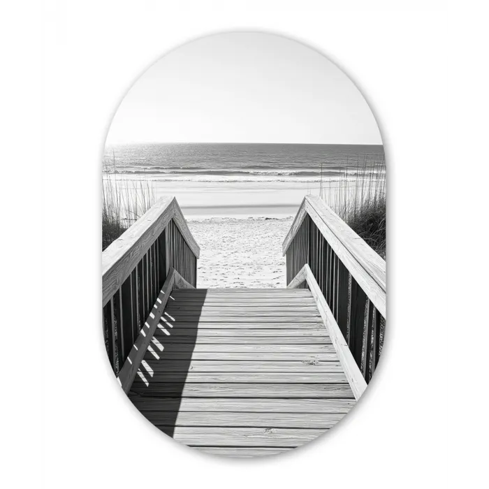 Loopbrug - Hout - Strand - Zee Wandcirkel Ovaal Glas middel -3d